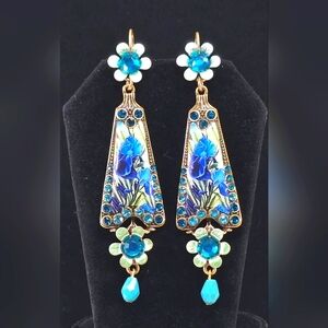 Art Nouveau Blue Iris Floral Dangel Earrings